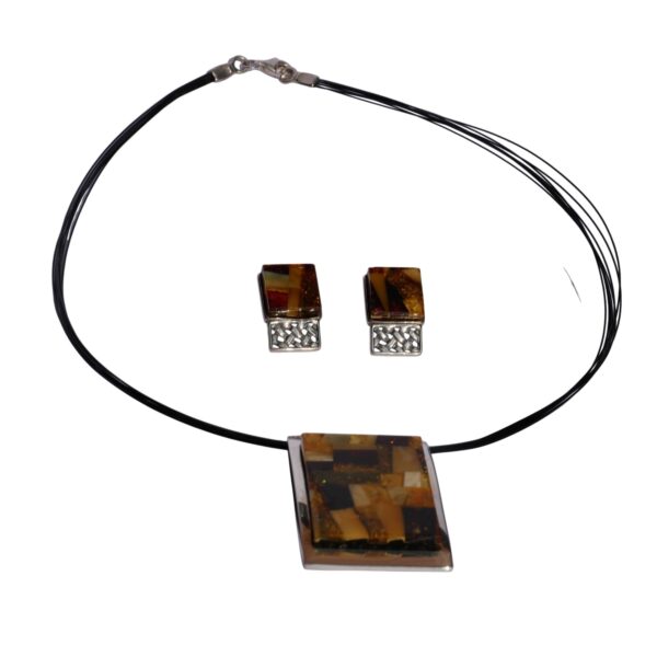 Amber Mosaic Elegance necklace showcased with a rectangular brown mosaic pendant and matching rectangular earrings on a pristine white background.