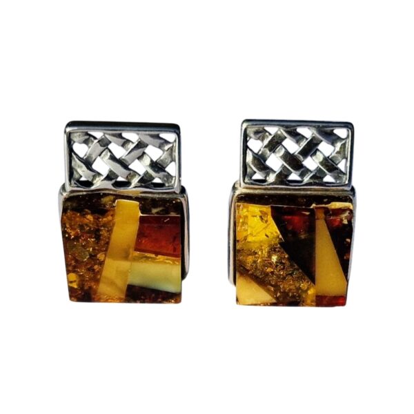 The AMBER MOSAIC ELEGANCE earrings feature square silver tops with a lattice design and amber mosaic stones below.