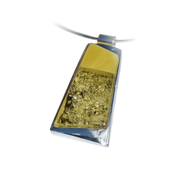 a necklace with a yellow and silver rectangle pendant