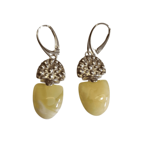 a pair of earrings with a yellow stone