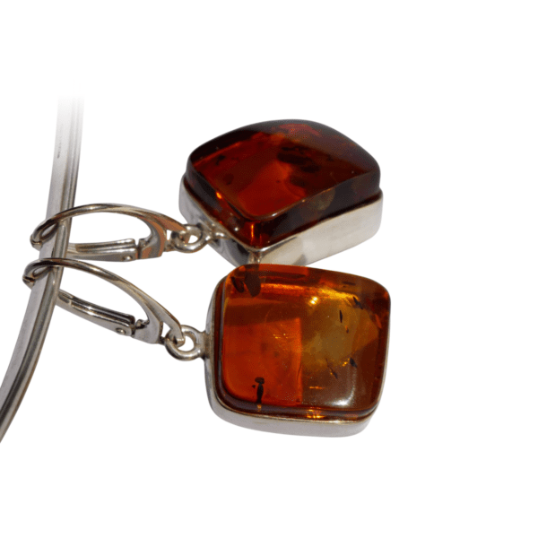 a pair of earrings with amber stones