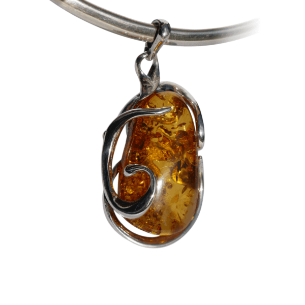 a amber pendant on a silver necklace