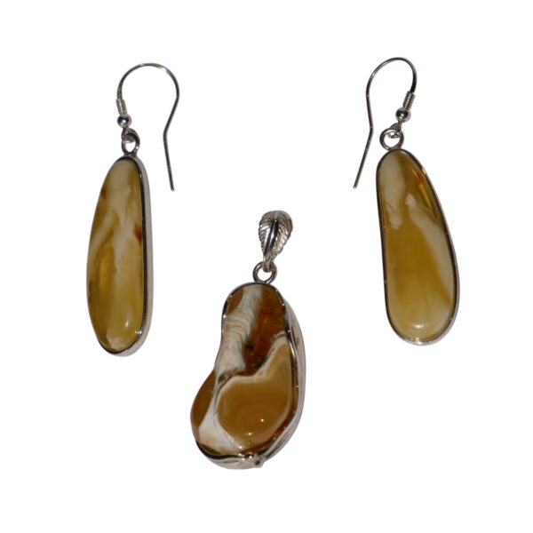 The TIMELESS ELEGANCE: RARE BALTIC AMBER & SILVER PENDANT SET features two drop earrings and a pendant with glossy, Baltic amber-like inserts in metallic settings, all showcased on a plain white background.