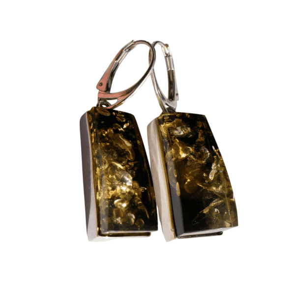 a pair of earrings with gold and black stones