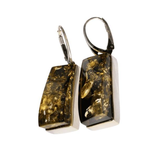 a pair of earrings with gold and black resin