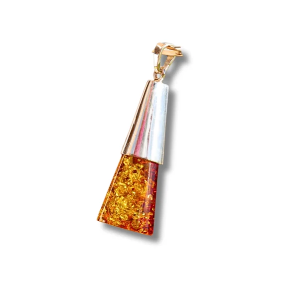 Trapezoid-shaped sterling silver pendant with golden cognac Baltic amber