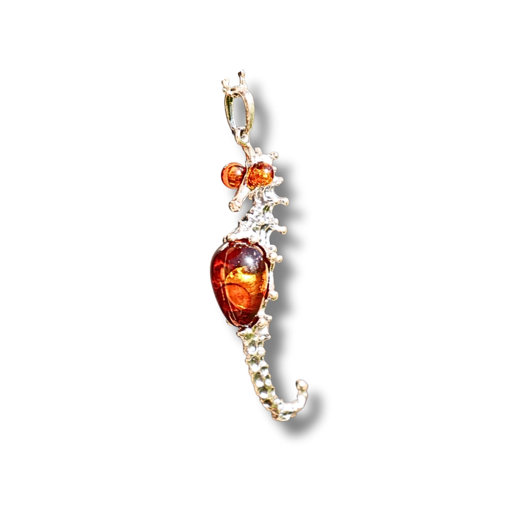 Amber seahorse pendant with natural Baltic amber in silver setting