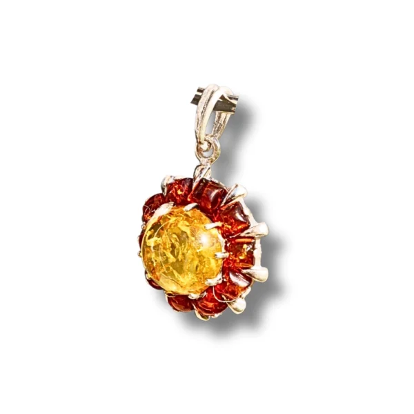 Elegant Sunburst Amber Pendant – Angled Perspective