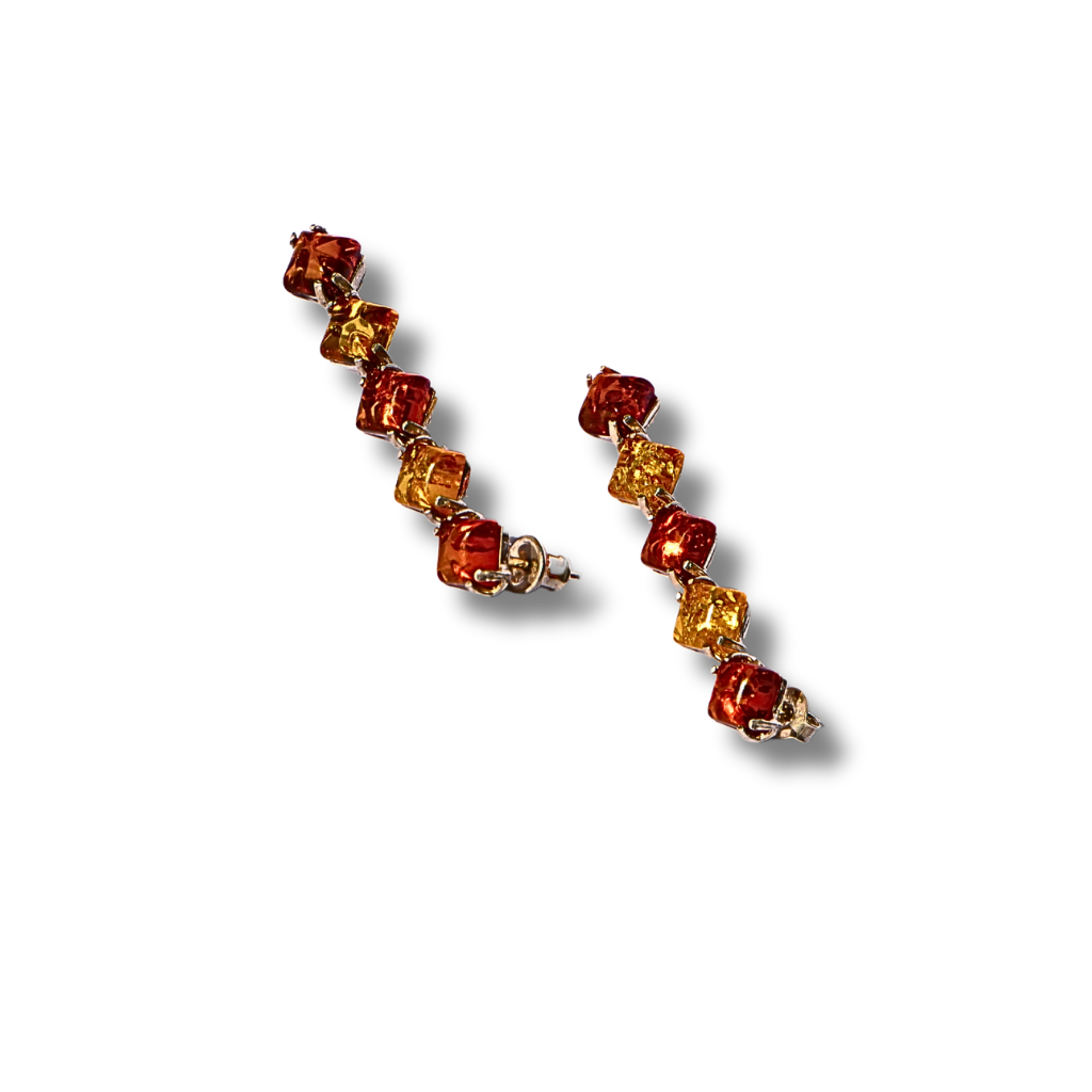 Two-tone amber drop earrings in sterling silver, featuring alternating cognac and honey amber cubes