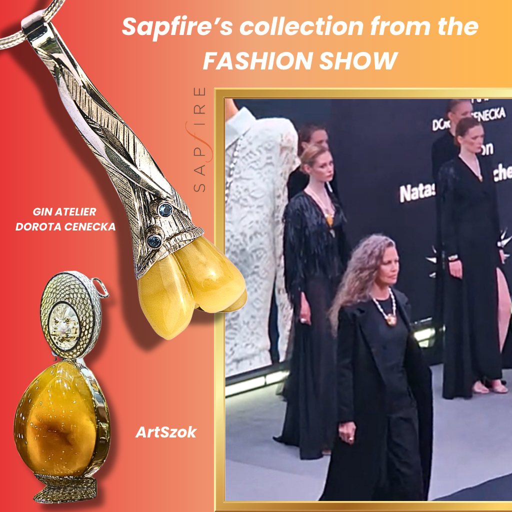 Handcrafted amber jewellery showcased at the Spring Fashion Show in Gdansk, featuring Sapfire’s curated designer pieces from Gin Atelier and ArtSzok.